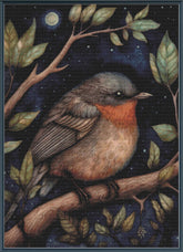 Stamped cross stitch  of a bird perched on a branch with leaves and a night sky background